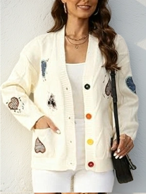 Cabe Knit Heart Embroidery V Neck Cardigan