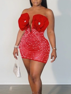 Luxurious Gauze Hotfix Rhinestones 3D Flower V Neck Sleeveless Mini Dress
