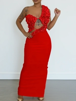 Sexy Pleated Embossing 3D Flowers One-shoulder Long Dress