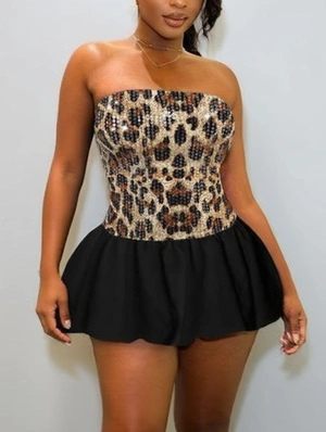 Sequin Leopard Strapless Bubble Mini Dress