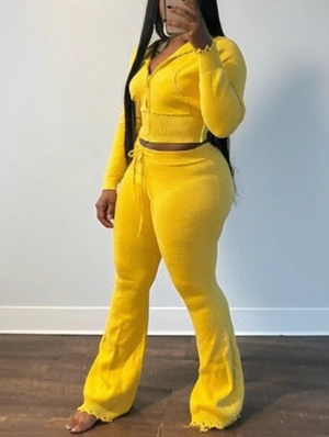 Ripped Knitting Zipper Hooded Pant Sets
