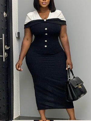 Colorblock V Neck Split Hem Midi Dress