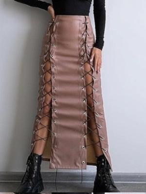 PU Patchwork Lace Up Split Hem Skirts