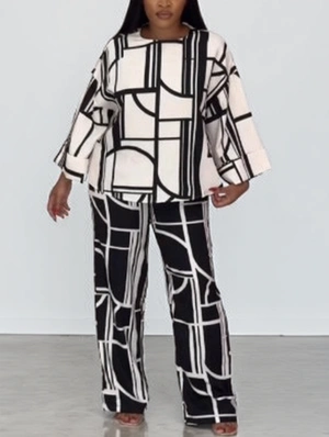 Colorblock Printed Loose Straight Pant Sets
