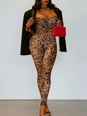 Leopard Print Sleeveless Butt Lifter Jumpsuits