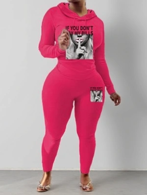 Slogan Print Hooded Fitted Pant Sets