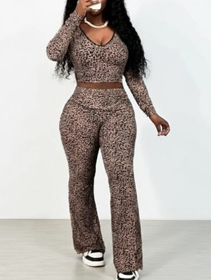 Lacework V Neck Leopard Printed Pant Sets