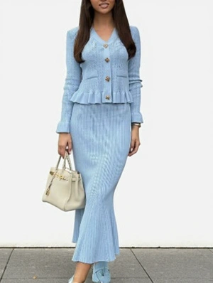 V Neck Trumpet Sleeve Ruffle Skirt Sets