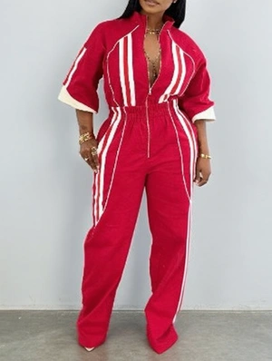 Colorblock Striped Zipper Raglan Jumpsuits