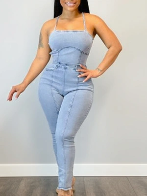 Denim Tie-wrap Backless Fitted Jumpsuits