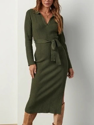 Knitted V Neck Lapel Bandage Midi Dress