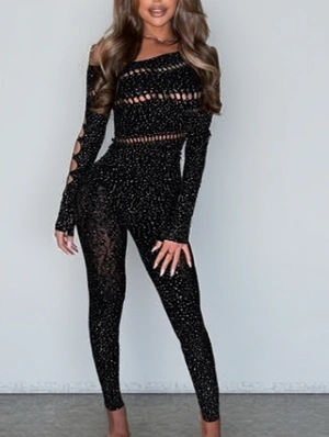 Sparkly Hollow-out Inclined Shoulder Jumpsuits