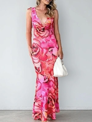 Elegant Floral Printed Tie-wrap V Neck Sleeveless Maxi Dress