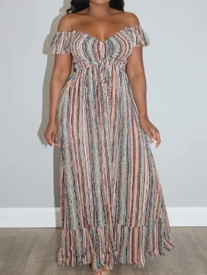 Colorblock Striped Off Shoulder Maxi Dress