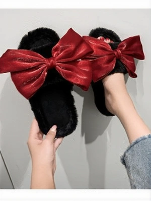 Sweet Bow Fluffy Fur Flat Heel Slippers