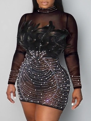 Beading Feather Sheer Rhinestones Mini Dress