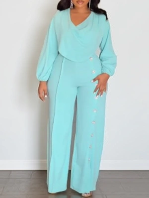 Buckle V Neck Lantern Sleeve Jumpsuits
