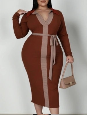 Colorblock V Neck Lapel Waist Tie Maxi Dress