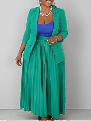 Plain Tailored Collar Blazers Pleated Skirt Sets