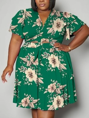 Camo Floral V Neck Frill Sleeve Bandage Skirt Sets