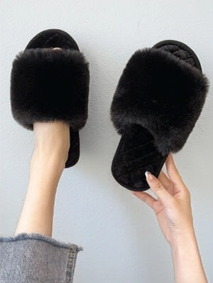 Fluffy Fur Pure Color Flat Heel Slippers