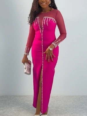 Sheer Rhinestones Split Hem Maxi Dress