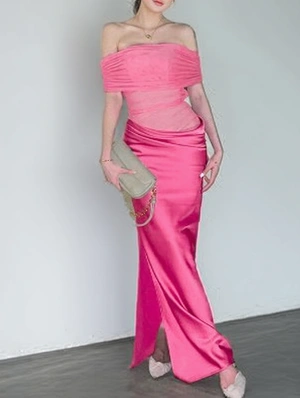 Sheer Off Shoulder Split Hem Maxi Dress