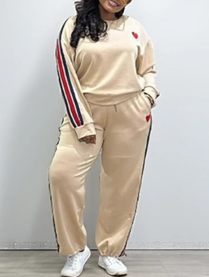 Colorblock Striped Trim Heart Loose Pant Sets