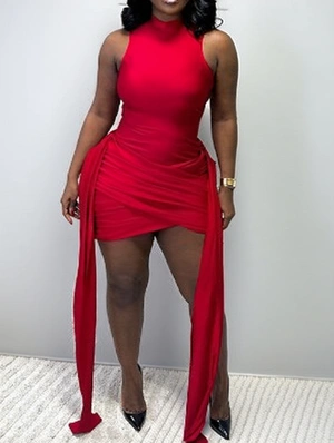 Solid Ruched Ribbons Mock Neck Sleeveless Mini Dress