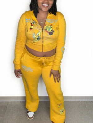 Butterfly Print Cropped Hoodie Pant Sets