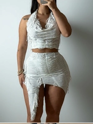 Fringe Halter Cropped Backless Skirt Sets