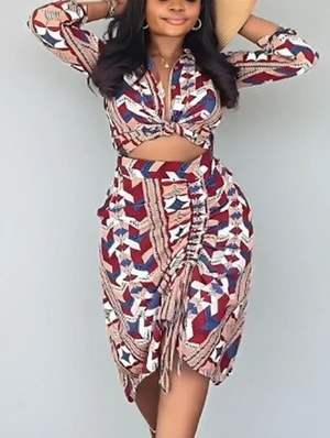 Colorblock Print Shirt Ruched Skirt Sets