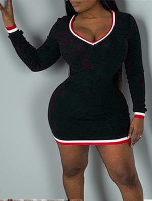 Striped Trim Bodycon V Neck Mini Dress