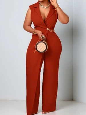 Sleeveless Chain Buckle V Neck Jumpsuits