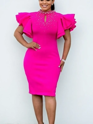 Beading Solid Color Peplum Short Sleeve Dress