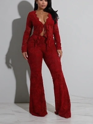 Sheer V Neck Tie-wrap Cropped Pant Sets