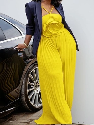 Pleated Halter Neck Wide Leg Jumpsuits
