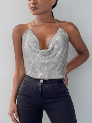 Sexy Rhinestones Chain V Neck Backless Tanks 