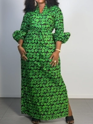 Leaf Printed V Neck Split Hem Maxi Dress