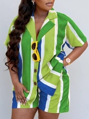 Colorblock Striped Loose Shirt Short Sets