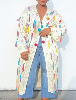 Flower Decor Weave Knitted Long Cardigan