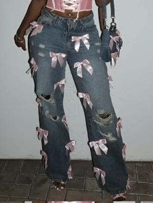 Washed Denim Bow Patchwork Ripped Jeans