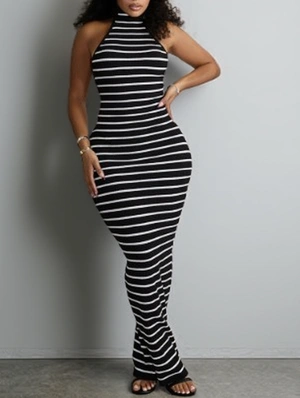 Striped Halter Backless Lace Up Maxi Dress