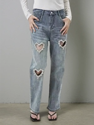 Embellished Cutout Heart Denim Jeans
