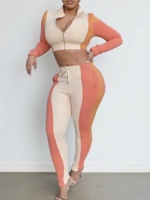 Colorblock Zipper Cropped Fitted Pant Sets