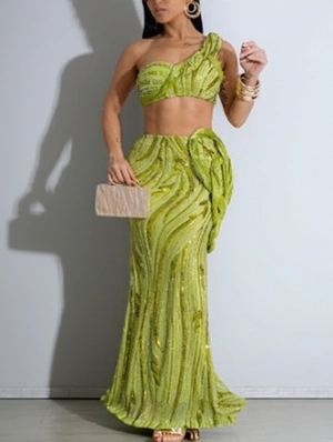 Sequin One-shoulder Tank Skirt Sets