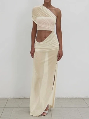 Sheer Hollow-out One Shoulder Maxi Dress