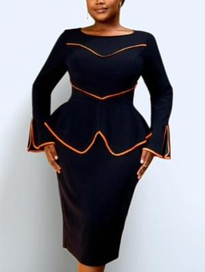 Modernist Contrast Color Ruffle Long Sleeve Dress