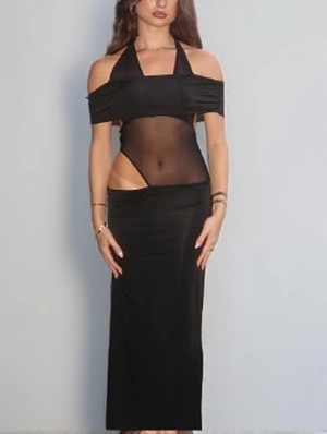 Sexy See Through Patchwork Tie-wrap Halter Long Dress
