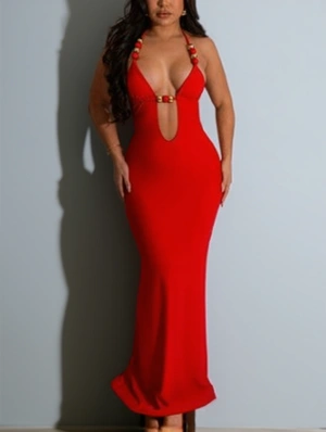 Bead Halter Deep V Neck Backless Maxi Dress